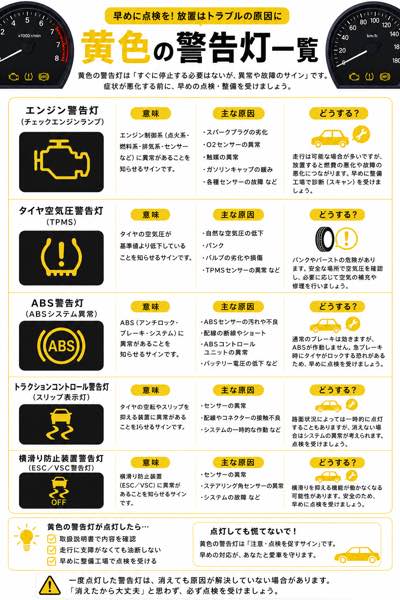 黄色の警告灯一覧(エンジン・タイヤ空気圧・ABS警告灯)